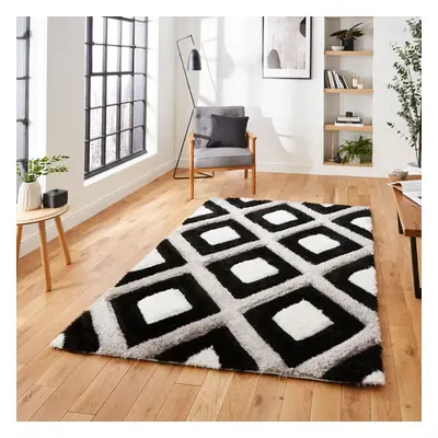 (Black / White) Think Rugs Olympia GR224 Geometric Hand Carved Shaggy Rug