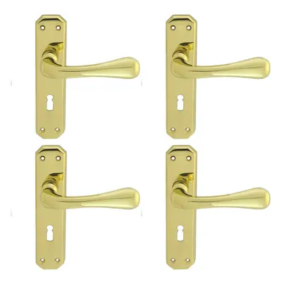 4x PAIR Heavy Duty Handle on Angular Lock Backplate x 40mm Polished Brass