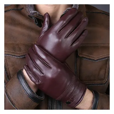 (Wine Red, 2XL) Men Sheepskin Winter Warm Plus Velvet Thicken Full-finger Gloves Outdoor Windpro