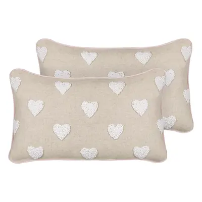 Set of Cotton Cushions Embroidered Hearts x cm Beige GAZANIA