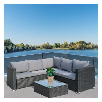 (Black) BIRCHTREE Rattan Garden Furniture Set Corner Sofa Glass Table Patio Seaters