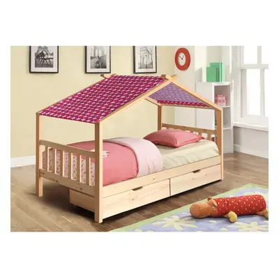 (With Kerri Mattress, With Pink Tent) 3ft Natural Wooden Storage House Bed With Tent and Mattres