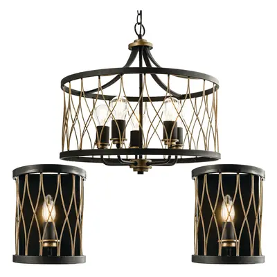 5 Vintage Bulb Ceiling Lamp & 2x Matching Wall Light Bronze & Black Metal Cage