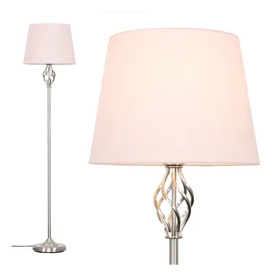 Traditional Style Satin Nickel Barley Twist Floor Lamp with a Pink Tapered Light Shade