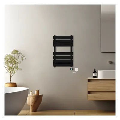 (Black, 650x400mm) Pre-filled Electric Heated Towel Rail Radiator Flat Panel Thermostatic