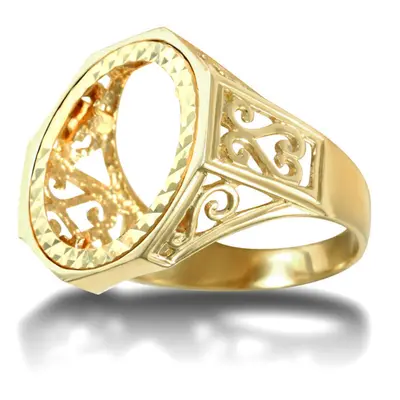 (S) Jewelco London Men's Solid 9ct Yellow Gold Octagon Scroll Half Sovereign Mount Ring - JRN179