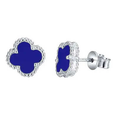 Jewelco London Rhodium Silver Blue Clover Agate Bead Edge Lucky Charm Stud Earrings - AES252