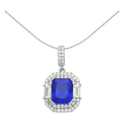 Jewelco London Ladies Sterling Silver Blue Radiant Baguette CZ Octagon Amphitheatre Pendant Neck