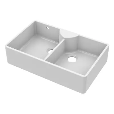 895mm - Fireclay Double Bowl Stepped Weir Butler Sink - with Tap Ledge, Overflow, No Tap Hole & 