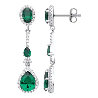 Jewelco London Ladies Rhodium Plated Sterling Silver Green Pear Oval CZ Royal Cluster Shoulder D