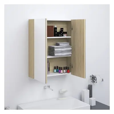 vidaXL Bathroom Mirror Cabinet MDF White and Oak Home Wall Storage Cabinet