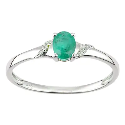 (Q) Jewelco London 9ct White Gold Oval Emerald and Diamond Shoulders Engagement Ring