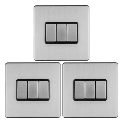 3 PACK Gang Triple Light Switch SCREWLESS SATIN STEEL Way 10A Slim Rocker