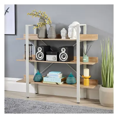 Urban Style Tier Wide Bookcase Display Rack Storage Oak Finish Grey Frame