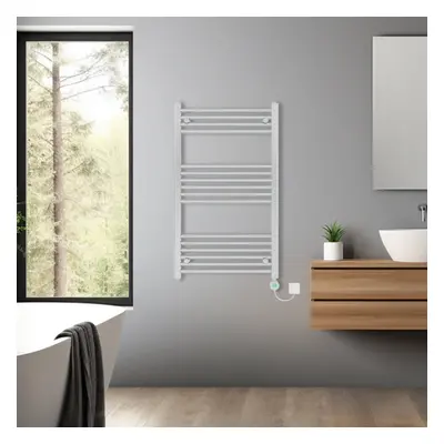 (Chrome, 1000x600mm) Bathroom Prefilled Electric Heated Towel Rail Straight Radiator Thermo Smar