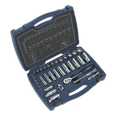 34pc PREMIUM Deep Socket & Ratchet Handle Set 3/8" Square Drive Point Metric