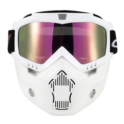 (White) Mortorcycle Mask Detachable Goggles and Mouth Filter for Open Face Helmet Motocross Ski 