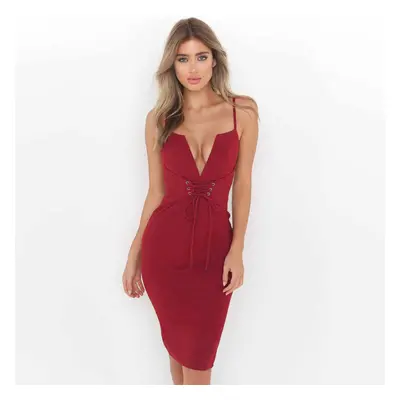 (Burgundy, L) Women Pencil Dress Solid Plunging V Neck Sleeveless Bandage Lace Up Midi