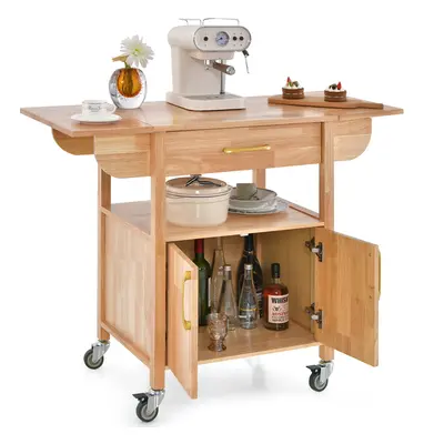 Modern Drop-Leaf Kitchen Cart Shelves Trolley W/ 2-Door Cabinet & Drawer