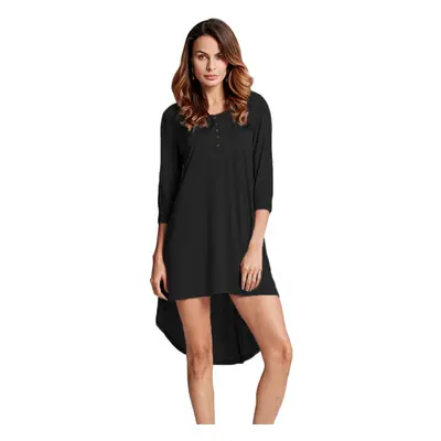 (Black, XL) Women Long Tunic Top Basic T-Shirt Button Front O Neck Sleeve Irregular Hem Mini Dre