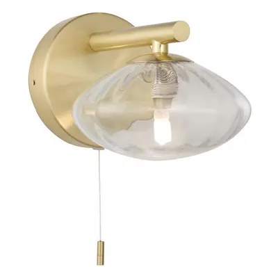 Satin Brass Bathroom Wall Light & Ribbed Glass Shade - IP44 Rated Modern Sconce