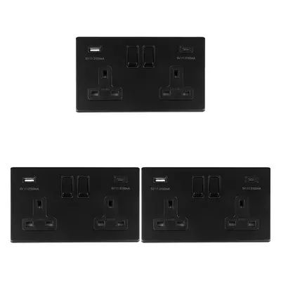 3 PACK Gang Double 13A UK Plug Socket & 2x 3.1A USB-C & A SCREWLESS MATT BLACK