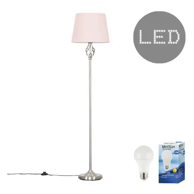 Traditional Style Satin Nickel Barley Twist Floor Lamp with a Pink Tapered Light Shade - Complet