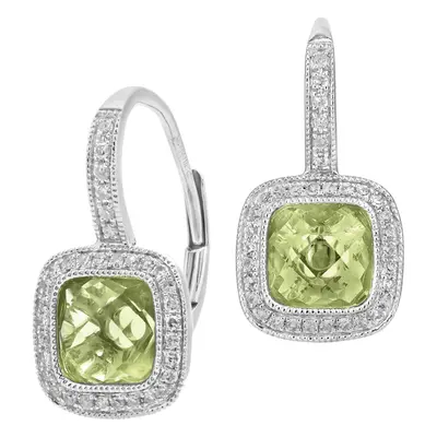 Jewelco London 9ct White Gold Round 20pts Diamond Cushion 2ct Peridot Cocktail Drop Earrings - D