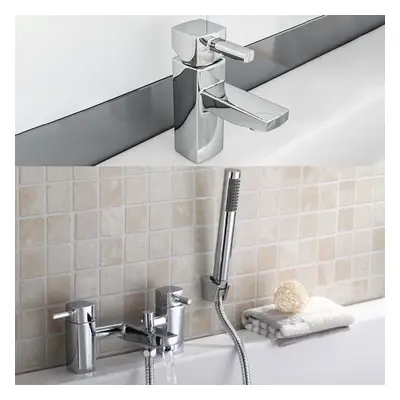 Boston Chrome Square Single Lever Basin Sink Mono & Bath Shower Mixer Tap Set