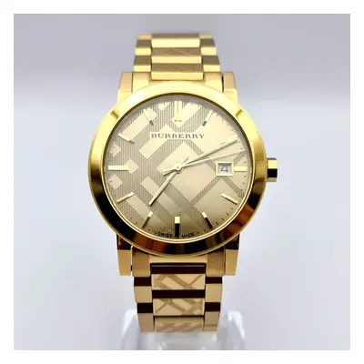 NEW BURBERRY BU9038 THE CITY SWISS YELLOW GOLD CHECK ENGRAVED WATCH