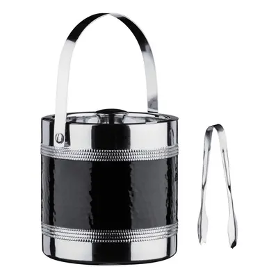 Ice Bucket and Tongs with Hammered Black Band, Stainless Steel