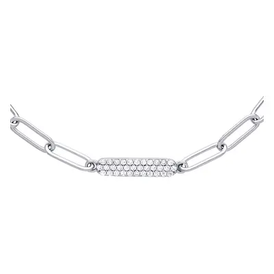 Jewelco London Ladies Rhodium Plated Sterling Silver CZ Pave Paper Clip Pill Shape Chain Bracele