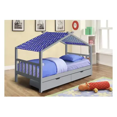 (With Tanya Mattress, With Blue Tent) 3ft Grey Wooden Storage House Bed With Tent and Mattress O