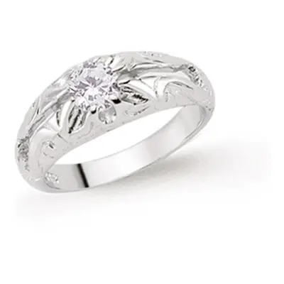 (C) Jewelco London Boys Rhodium Plated Sterling Silver Cubic Zirconia Gypsy Carved Solitaire Rin