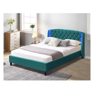 (4ft6 Double, With Amelia Mattress) Fabric Bedframe With LED Headboard In Green