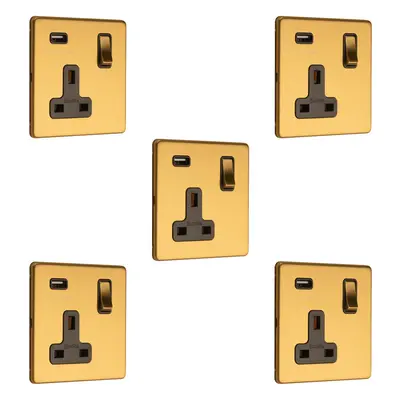 5 PACK Gang Single 13A UK Plug Socket & 2.1A USB-A SCREWLESS SATIN BRASS