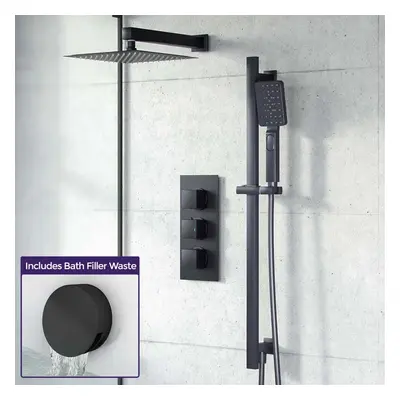 200mm Matte Black Shower 3-Way Mixer Valve + Handheld with Bath Filler Set