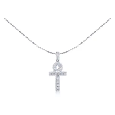 Jewelco London Rhodium Silver White Baguette CZ Encrusted Ankh Cross Pendant - APX047