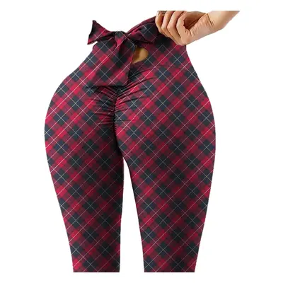 (Dark Red, M) Wave Point Bow Yoga Pants for Women Push Up Workout Sport Fitness High Waist Squat