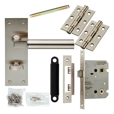 Door Handle & Bathroom Lock Pack Satin Nickel Round Bar Low Profile Backplate