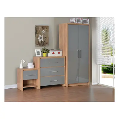 Seconique Seville Grey Gloss & Oak Piece Bedroom Set - Wardrobe, Drawers & Bedside Cabinet