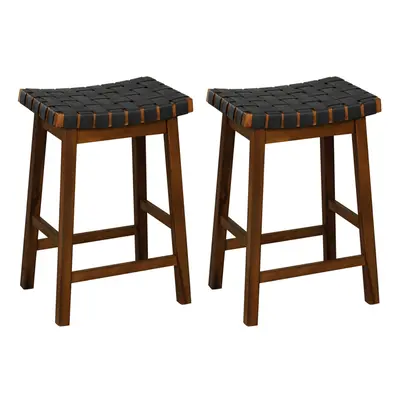 Set of Woven Saddle Stools Faux PU Leather Counter Height Stools 65cm Barstool