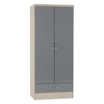 Nevada Wardrobe Grey Door Drawer Gloss and Oak Effect Hanging Rail