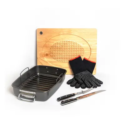 MasterClass Roasting Pan with Rack, Two Piece Carving Set, Carving Board & Safety Oven Gloves