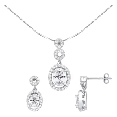 Jewelco London Ladies Rhodium Plated Sterling Silver Oval CZ Double Halo Cluster Raindrop Earrin