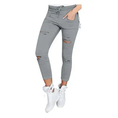 (Grey, M) Women Causal Holes High Waist Loose Solid Skinny Jeans