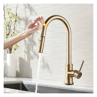 Brushed Gold Stainless Steel Kitchen Sink Faucets Mixer Rotation Smart Touch Sensor Pull Out Hot