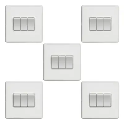 5 PACK Gang Triple Light Switch SCREWLESS MATT WHITE Way 10A Slim Rocker