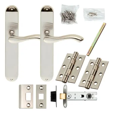 Door Handle & Latch Pack Satin Chrome Modern Curved Lever on Slim Backplate