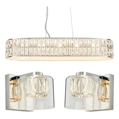 5 Bulb Ceiling Bar & 2x Matching Wall Mount Light Long Chrome & Crystal Glass